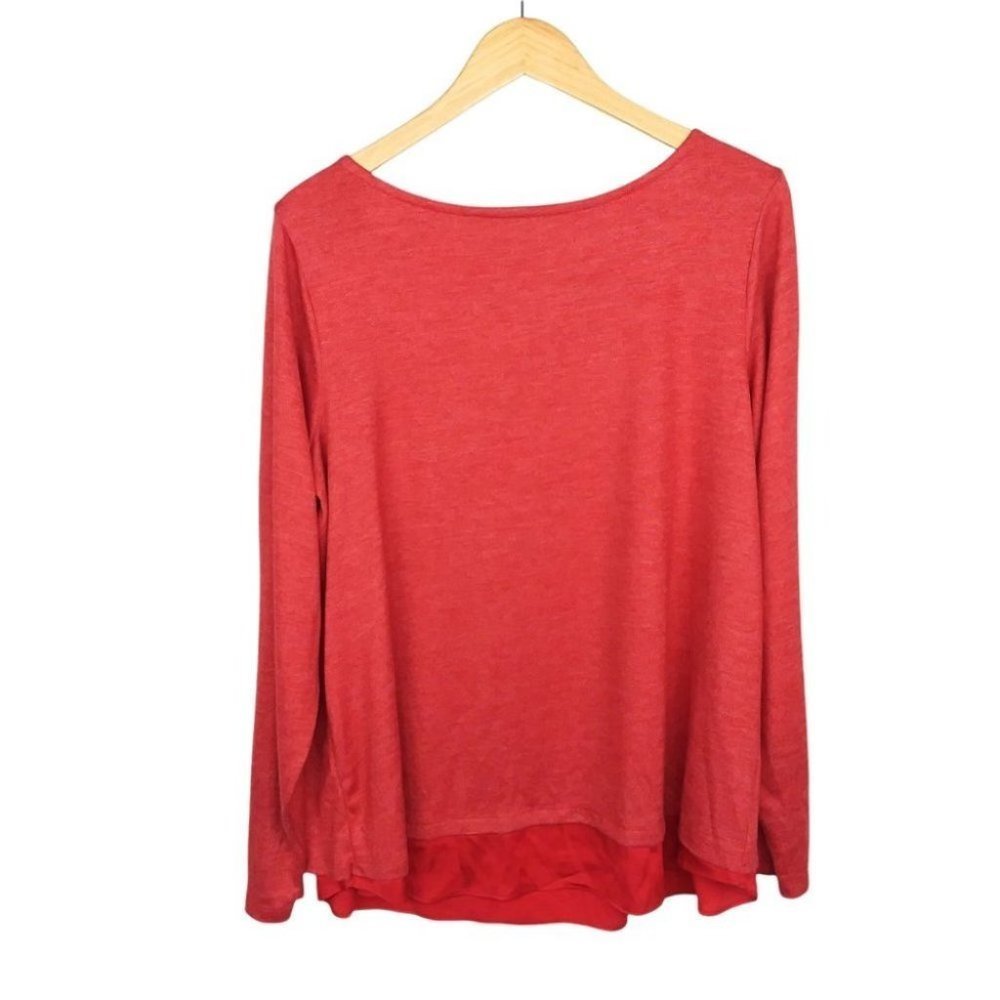 Lands' End Red Split Back Top Long Sleeves Boat Neck Soft Casual Blouse Size XL